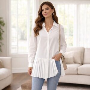 White Button Front Pleated Hem Long Sleeve Blouse Size Large Modern Classic